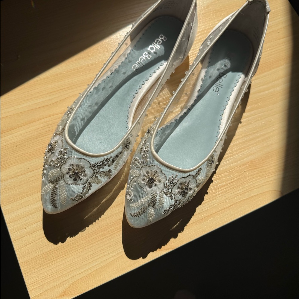 Beige Embellished Pointed Toe Flats by Belle + Belle